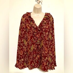 Venezia silk blouse 22/24 brick red tan paisley long sleeve ruffle V neck.